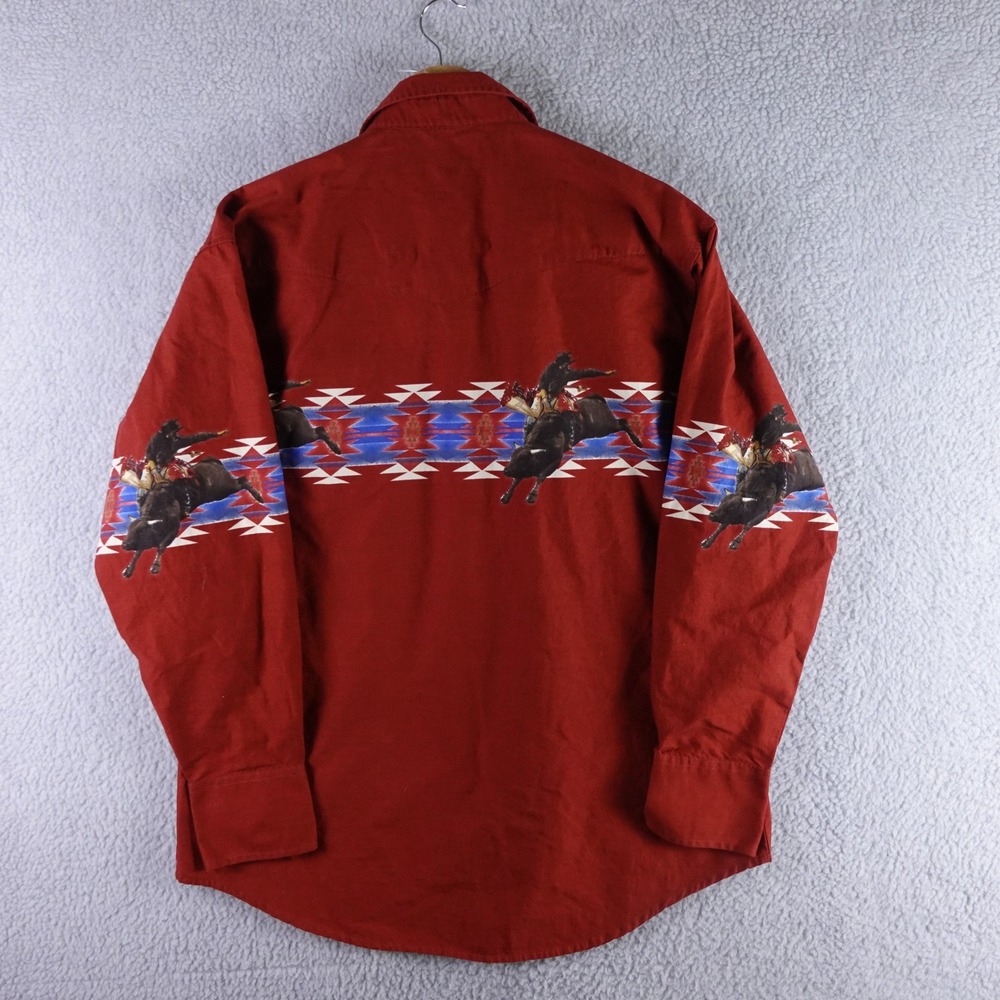 Wrangler Western Shirt Men XL Red Bull Rider Southwestern Pearl Snap Long Sleeve - Picture 2 of 8